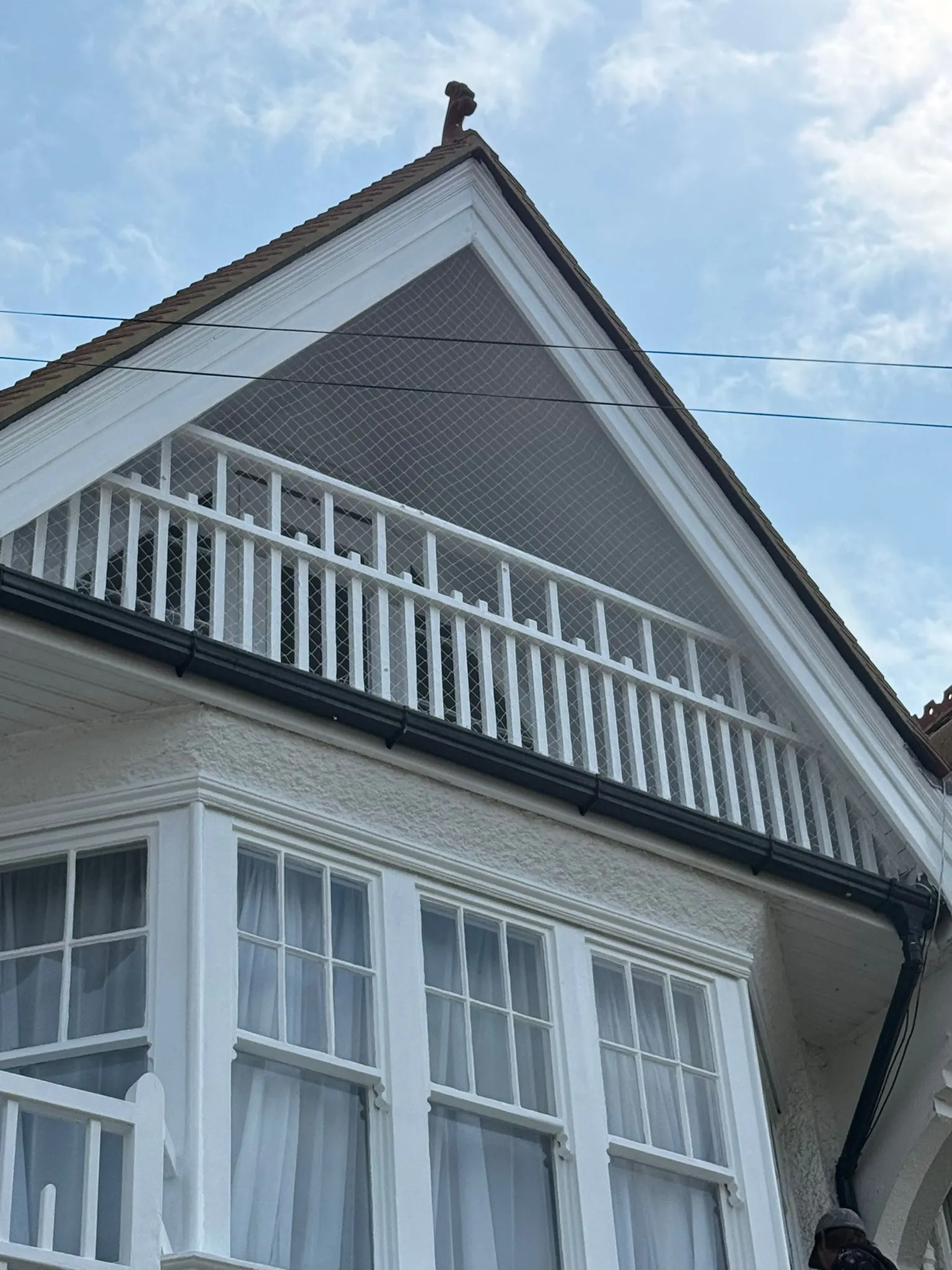 Bird netting installed on the upper gable and balcony of a white house to deter pigeons and other birds.
