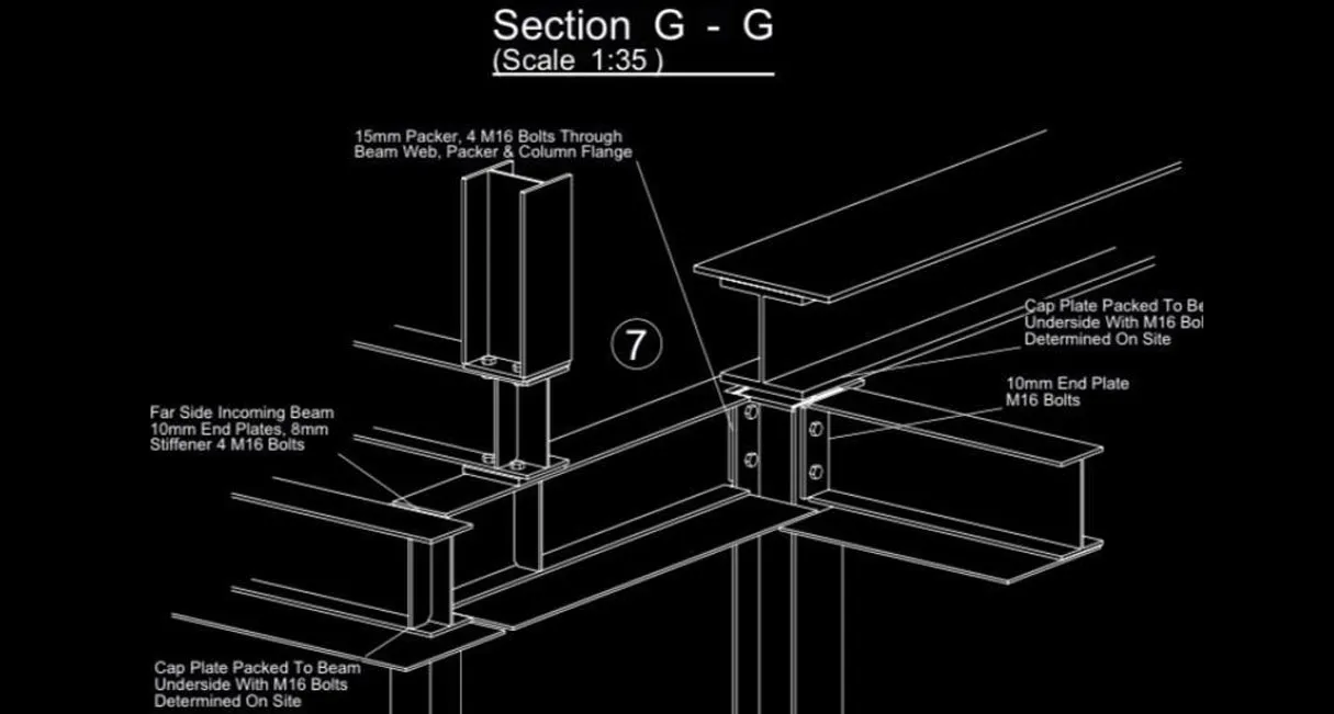 Technical diagram of structural steel beam and column connections for a construction project.