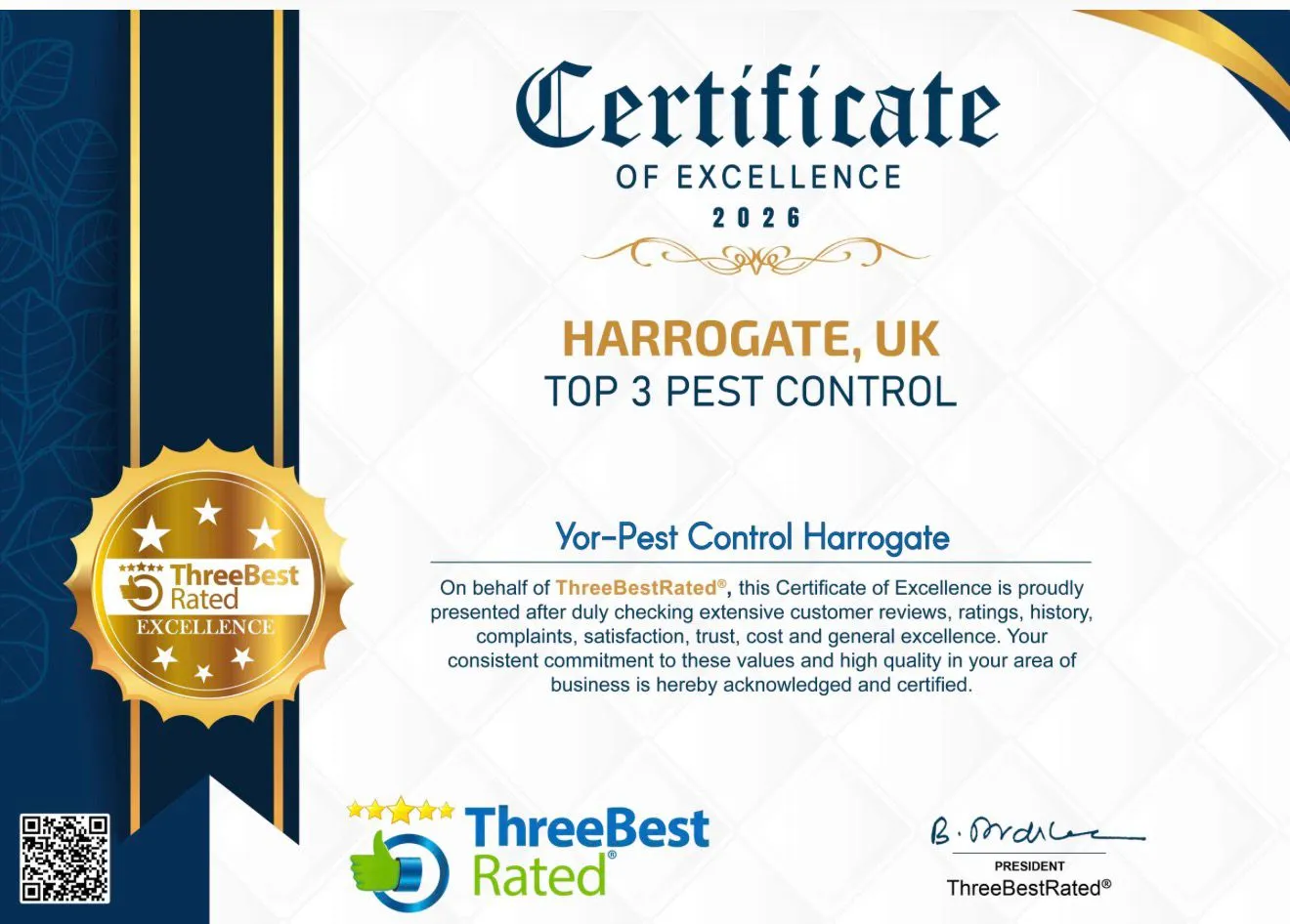 ThreeBestRated Certificate of Excellence for Top 3 Pest Control in Harrogate