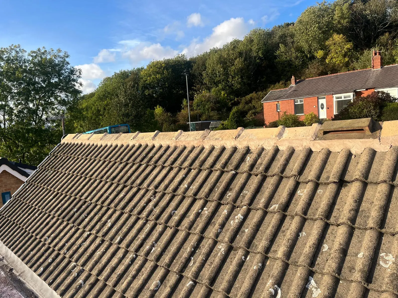 Freshly repointed ridge tiles on a concrete tile pitched roof