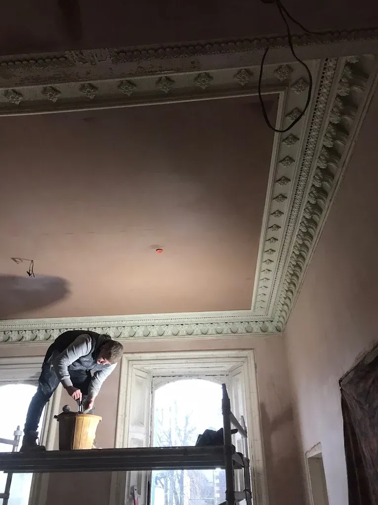 A professional plasterer working on a decorative ceiling with ornate cornicing in a heritage home.