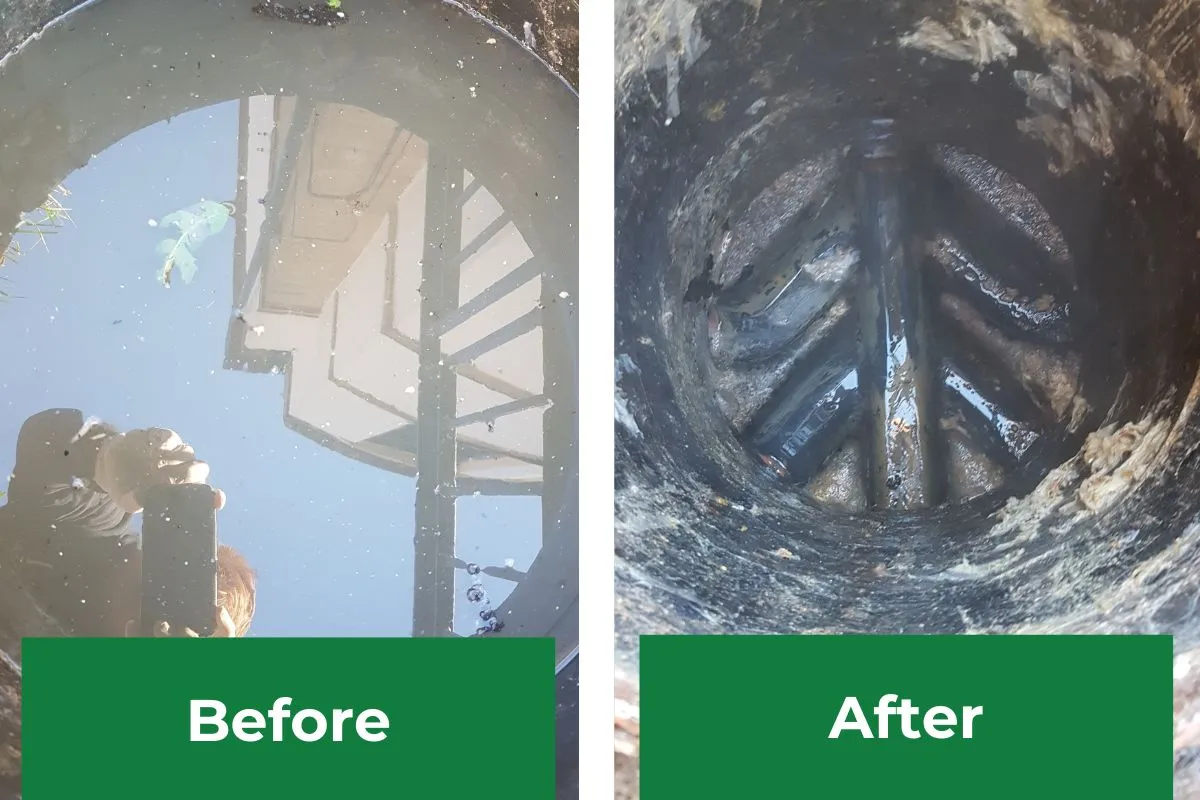 Before and after comparison of a cleared blocked drain manhole