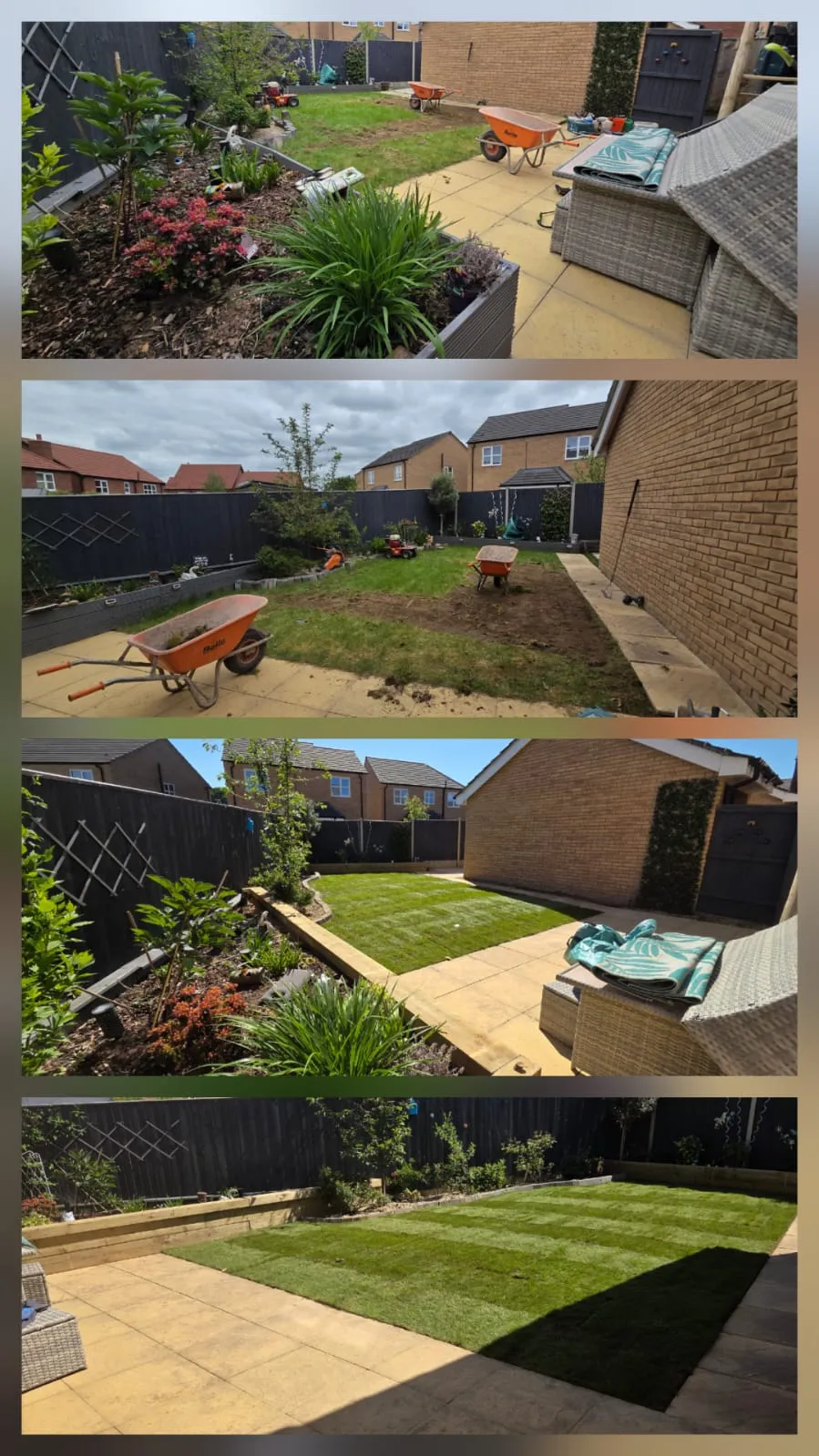 Before and after pictures of a garden makeover, showing the installation of a new turf lawn, patio, and timber raised beds.