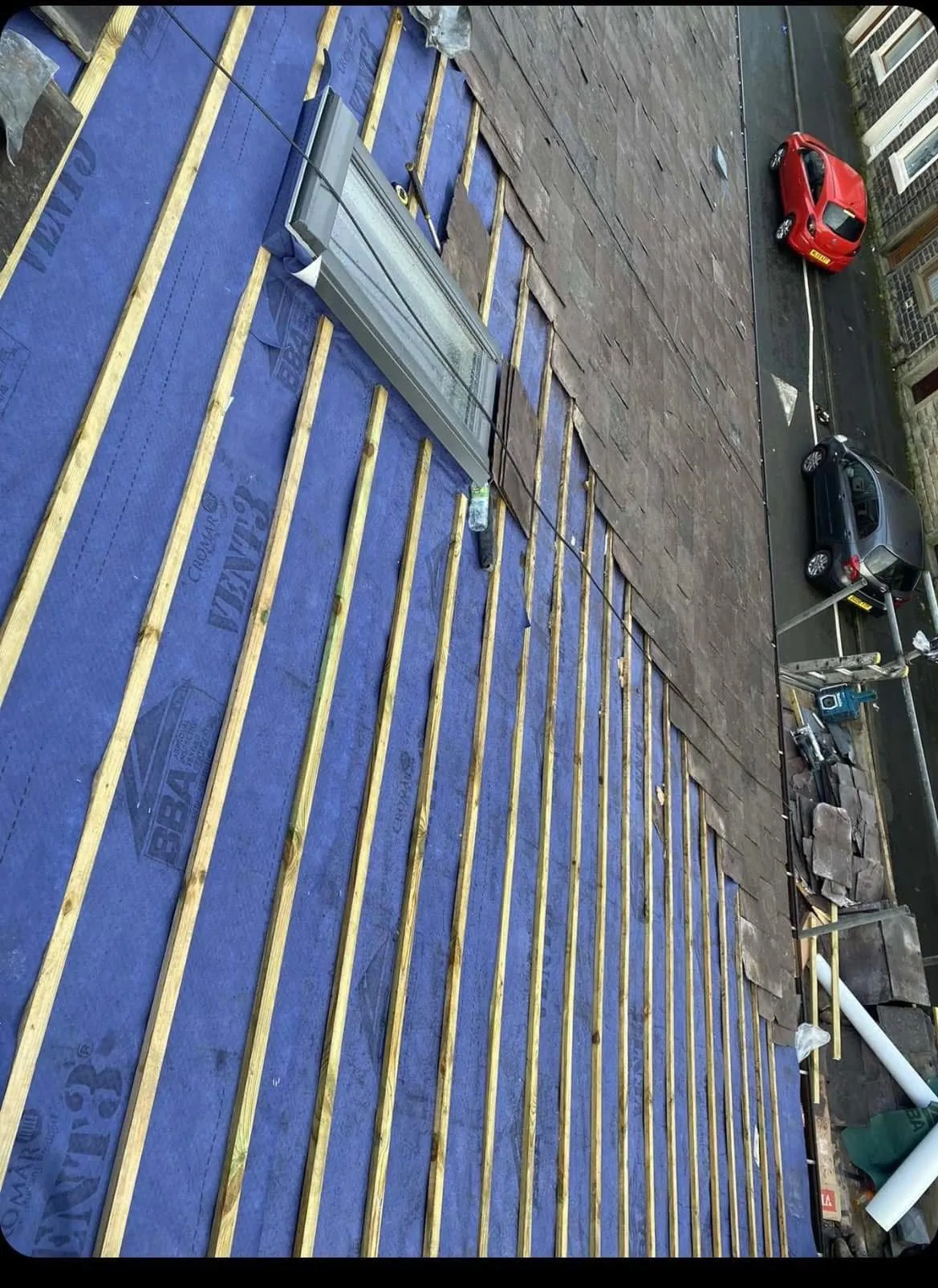 Professional roof replacement in Lancashire featuring breathable felt and new timber battens