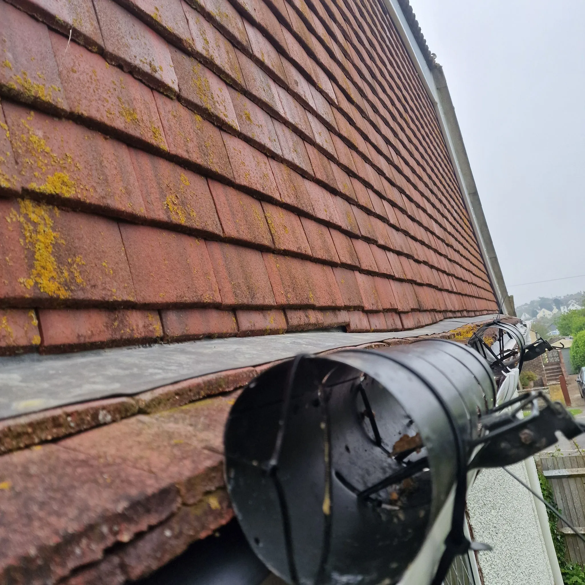 Bird proofing mesh installed in a black gutter on a red-tiled roof, designed to prevent pigeons and other birds from nesting, particularly relevant for solar panel protection.