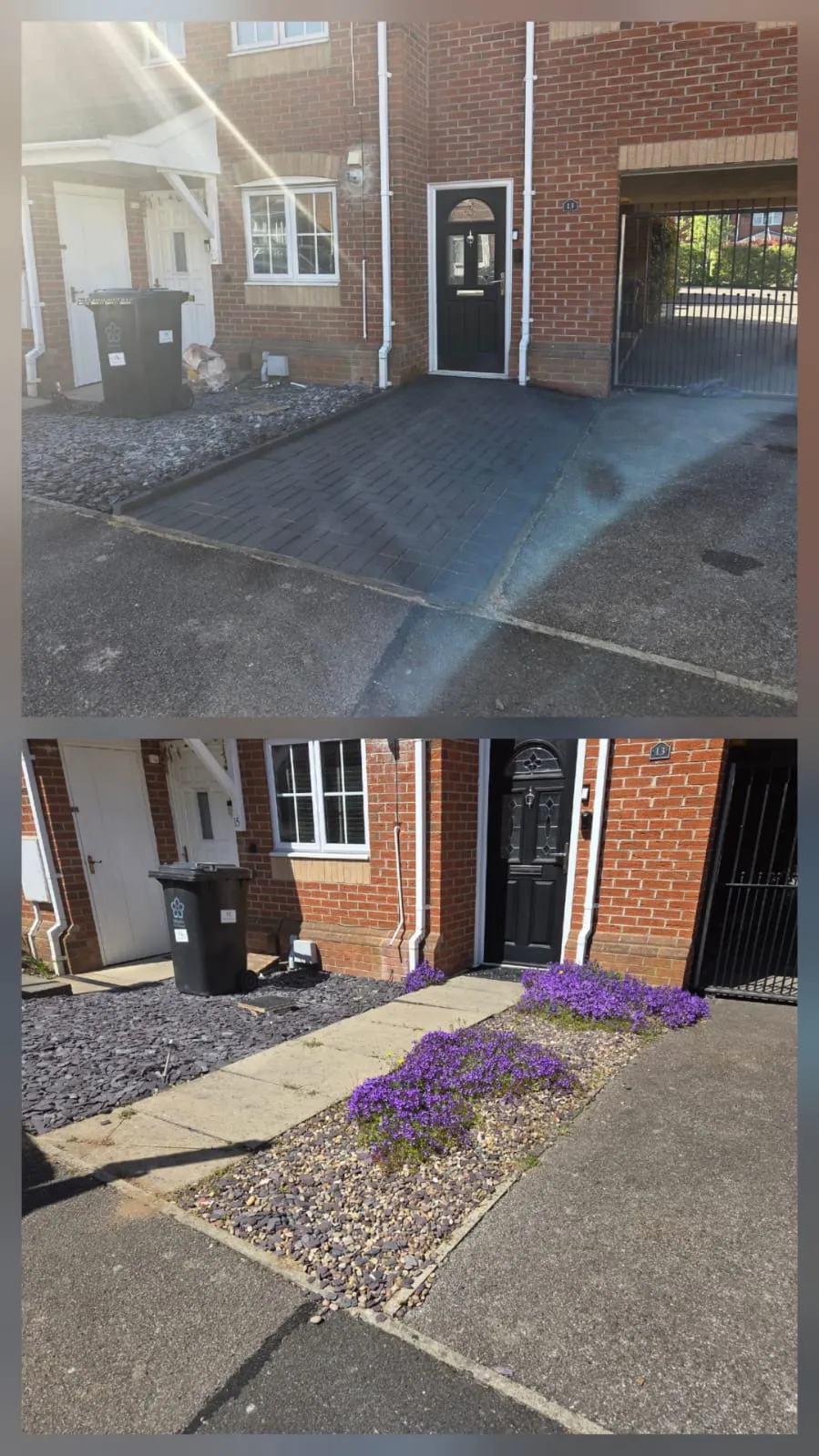 Before and after of a renovated front garden with new block paving, gravel, path, and purple flowers.