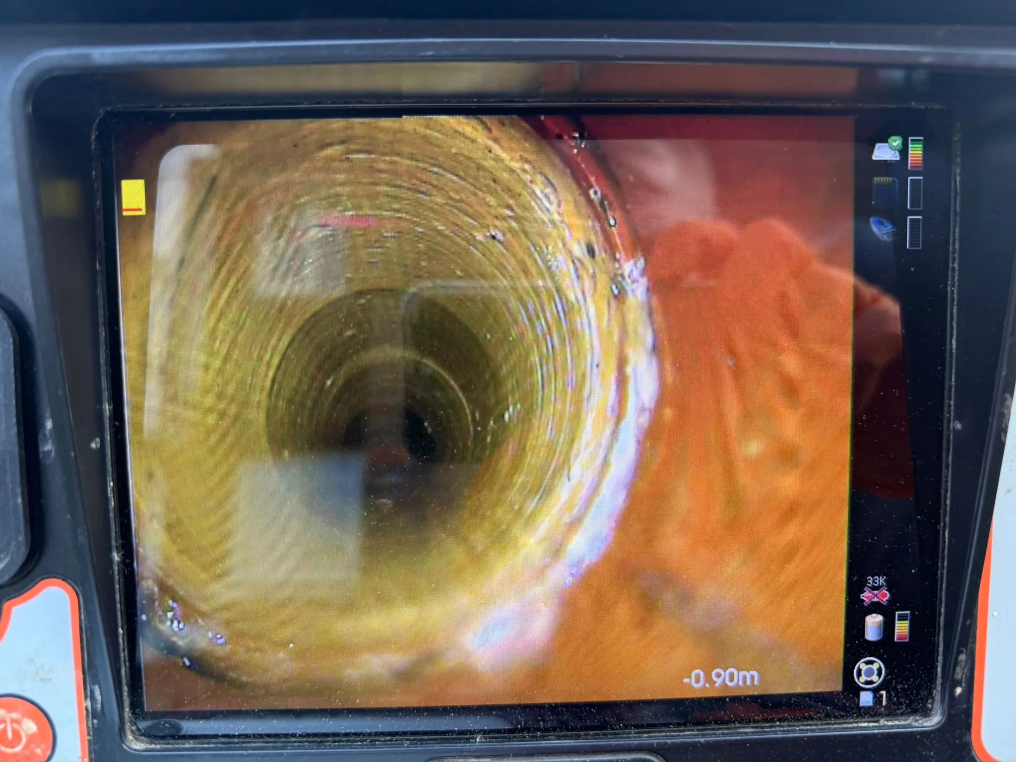 A CCTV drain survey screen showing the internal condition of a drainage pipe.