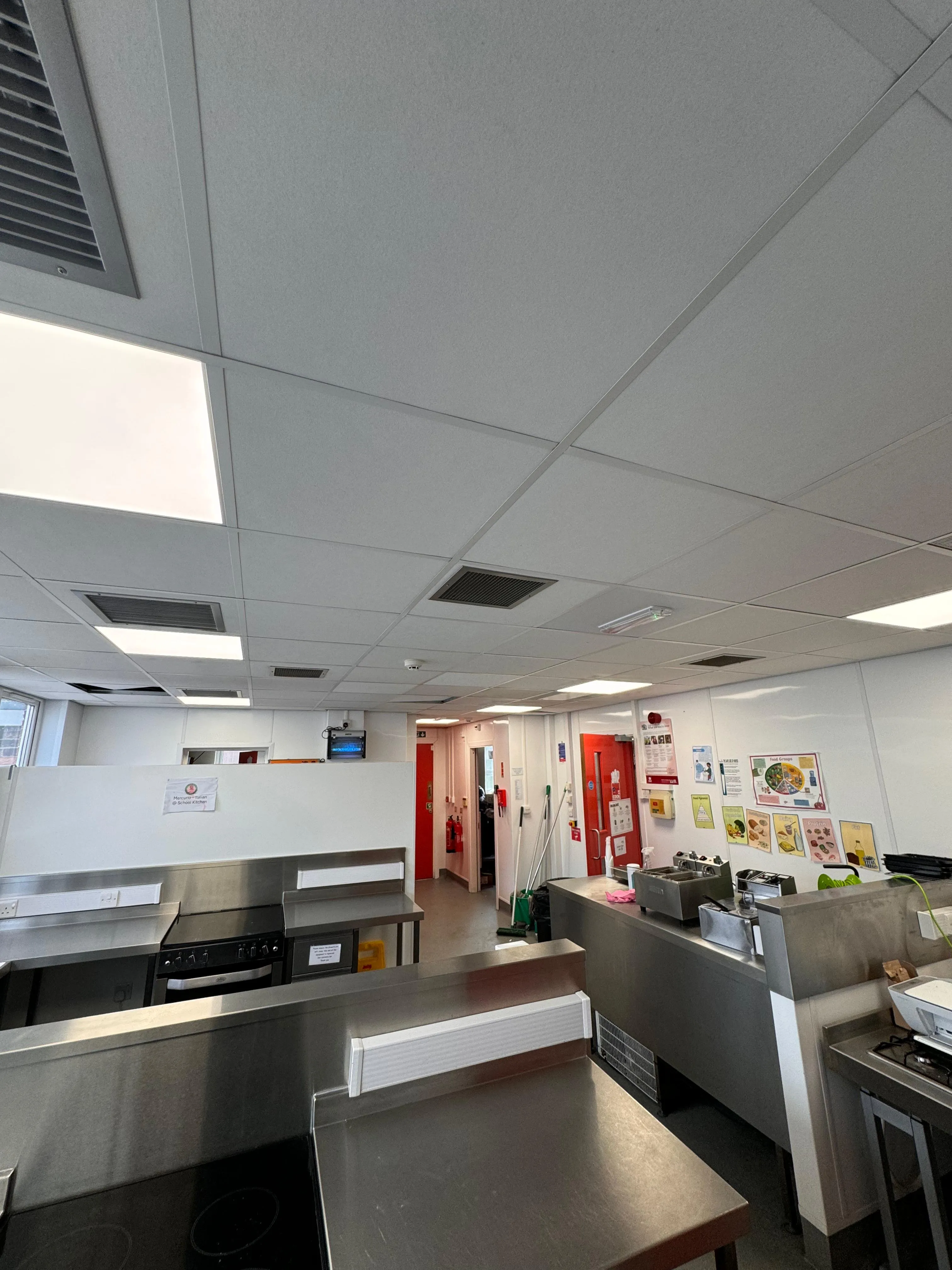Commercial kitchen electrical and lighting installation by T.W Electrical Services in a York school.