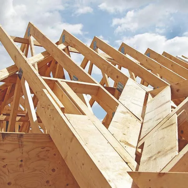 New wooden roof trusses and framework for a pitched roof construction by Carlyle Roofing & Building.
