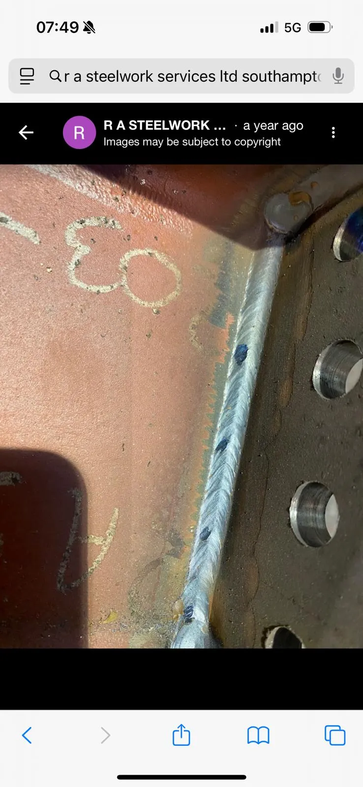 Professional coded welding on a structural steel joint by RA Steelworks Services LTD in Southampton.