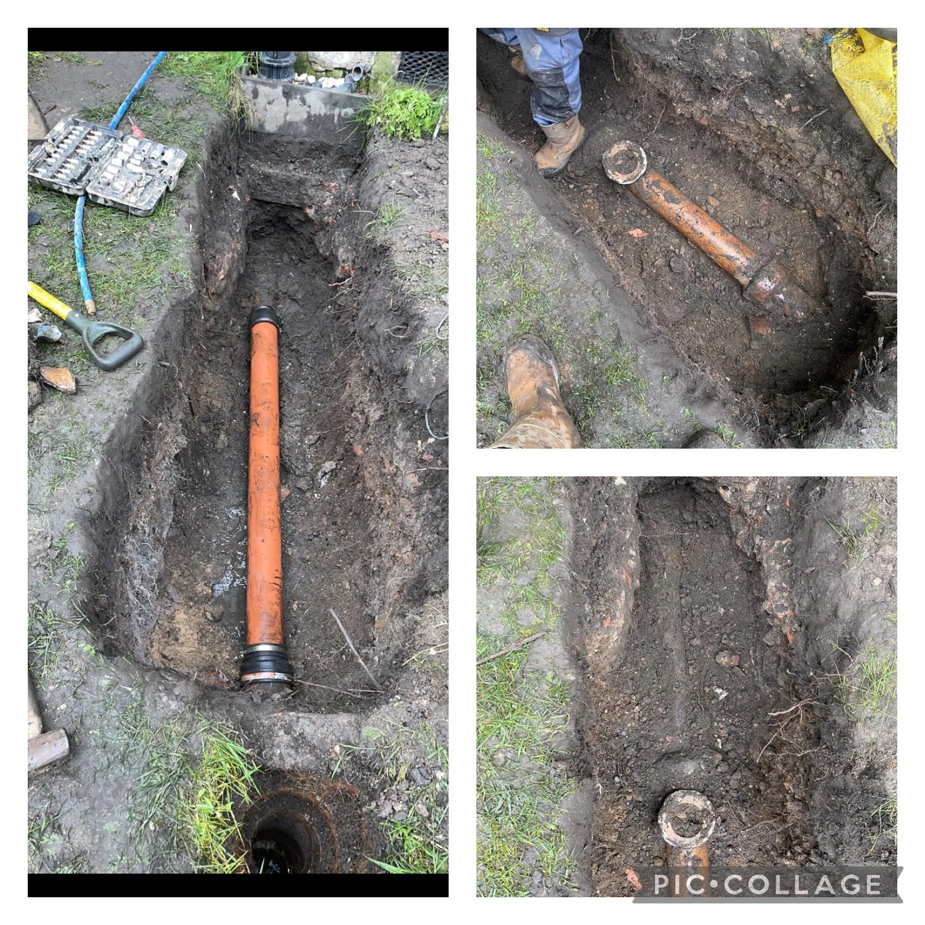 New orange drainage pipe being laid in an excavated trench during groundworks for a drainage system.