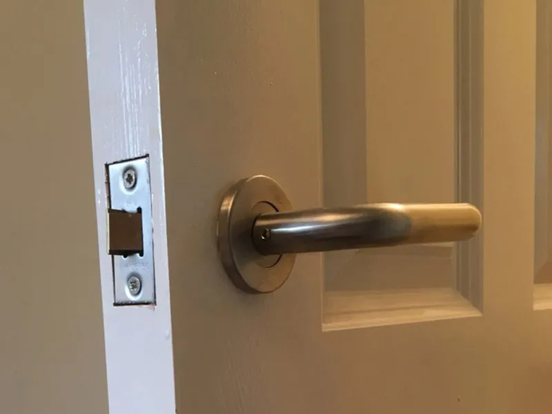 Close-up of a modern brushed metal door handle and latch on a white door