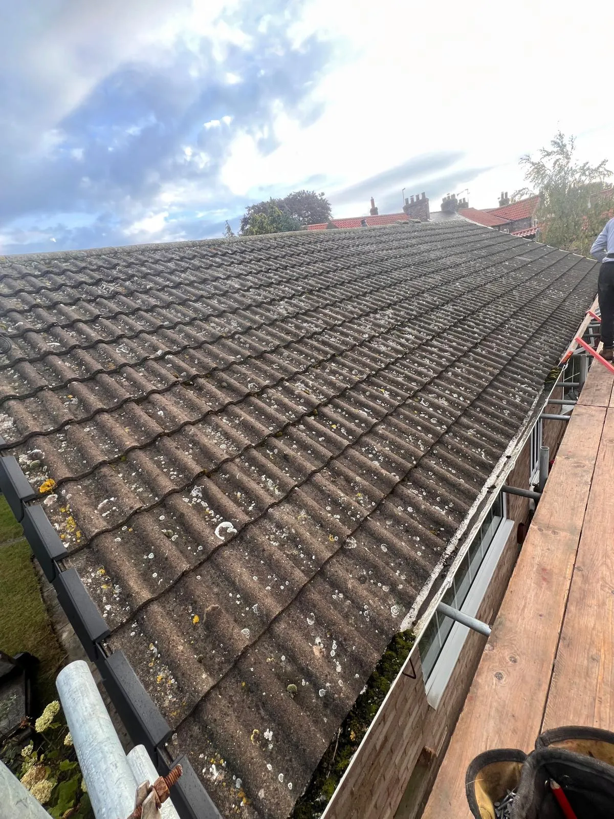 A pitched tiled roof covered in moss and lichen, seen from scaffolding, showing a roof needing cleaning or repair.