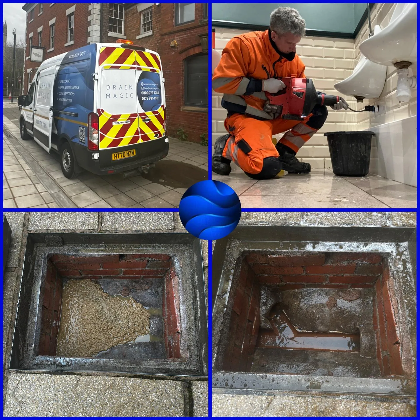 A branded 'Drain Magic' van, a drainage technician clearing a urinal, and two images showing a severely blocked manhole before and after being unblocked.