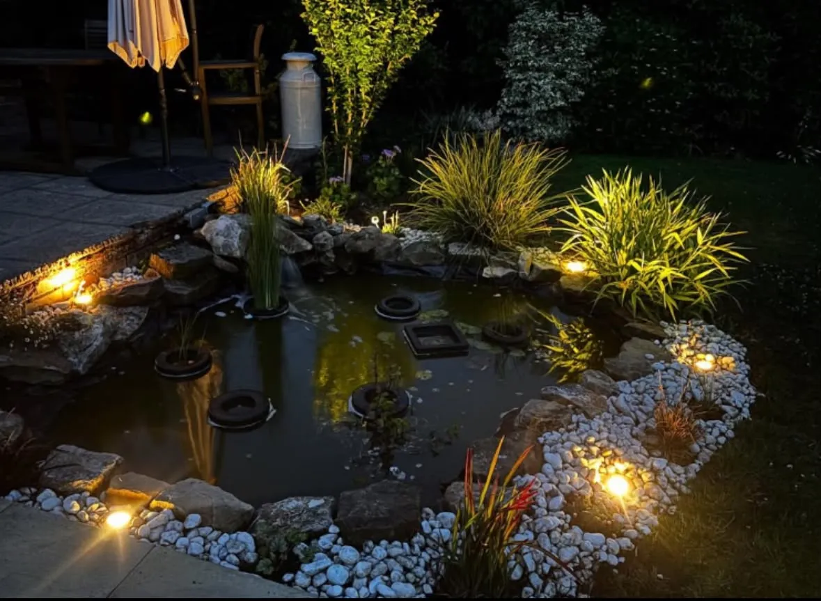 Outdoor garden pond feature lighting installed around rockery and ornamental grasses