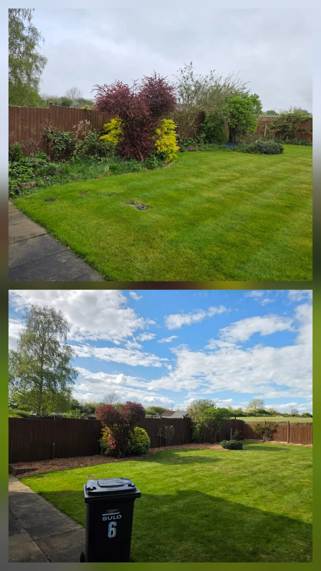 A split image demonstrating a garden makeover, featuring an untidy lawn and overgrown bushes in the 'before' section and a pristine, well-maintained garden with defined borders in the 'after' section.