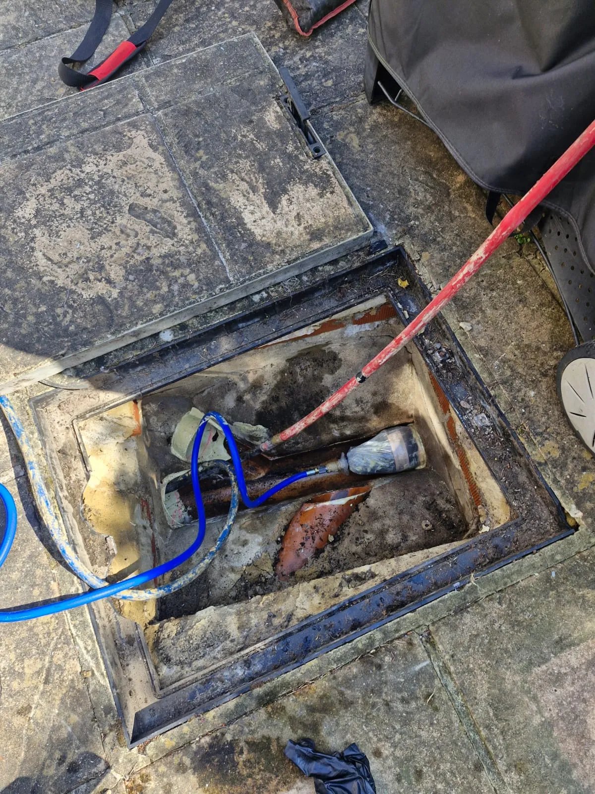 No-dig patch lining drain repair being carried out by Roberts Drainage Ltd in Cambridgeshire.