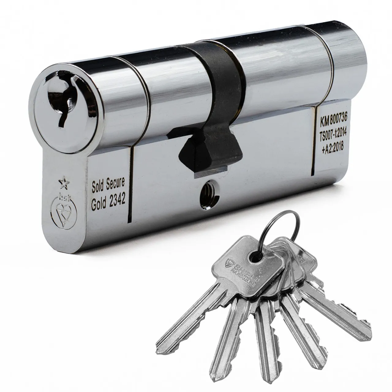 An insurance-approved BS3621 high-security euro cylinder lock and keys, featuring Sold Secure Gold and BSI Kitemark TS007 certifications for enhanced property protection.