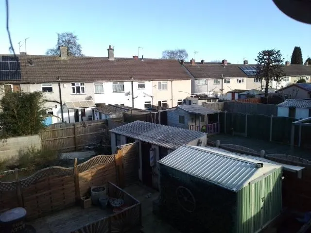 Back gardens of residential properties with sheds and corrugated roofs, indicating potential asbestos locations.