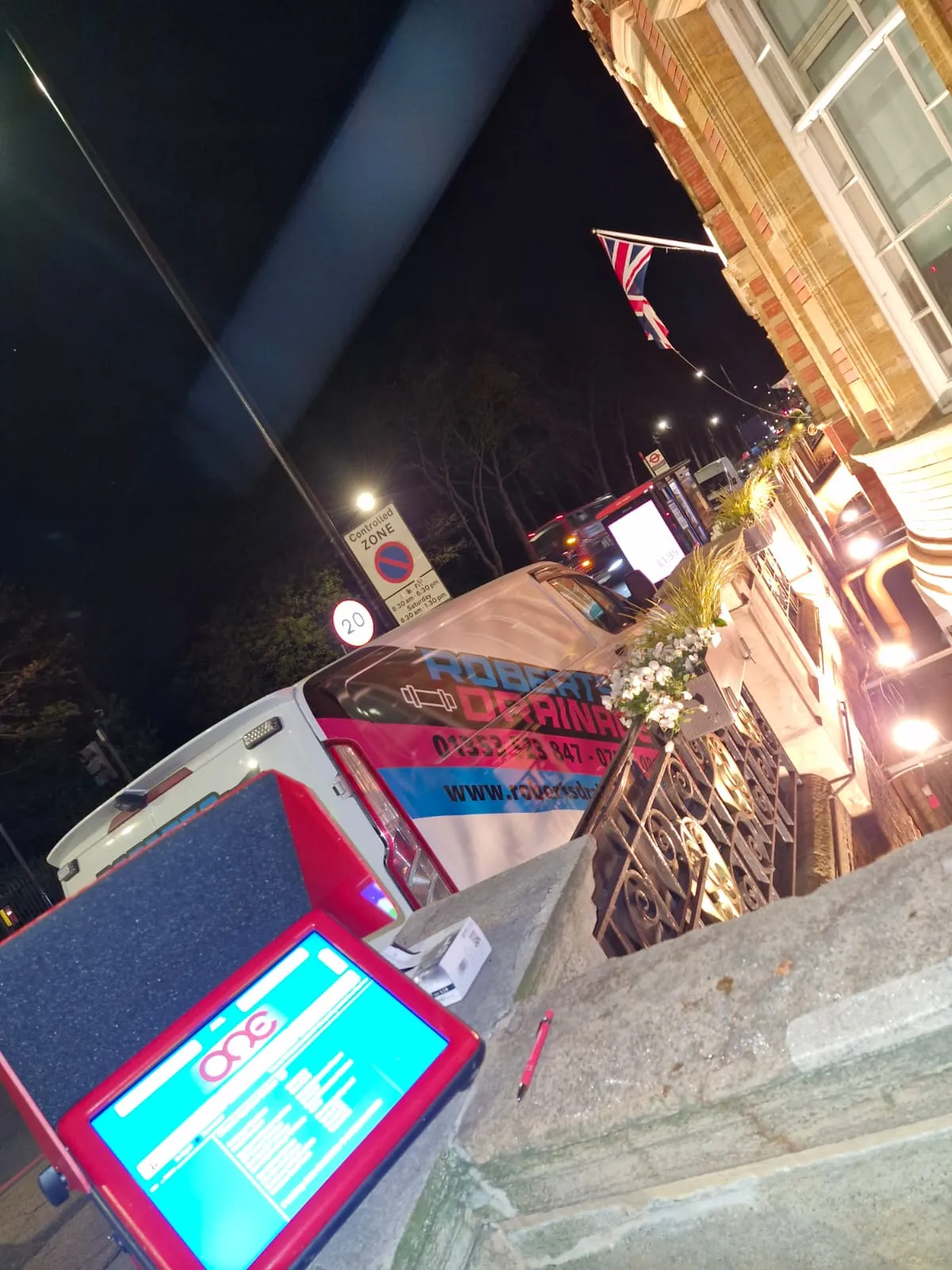 Roberts Drainage Ltd van and CCTV drain survey equipment during a night-time emergency call-out