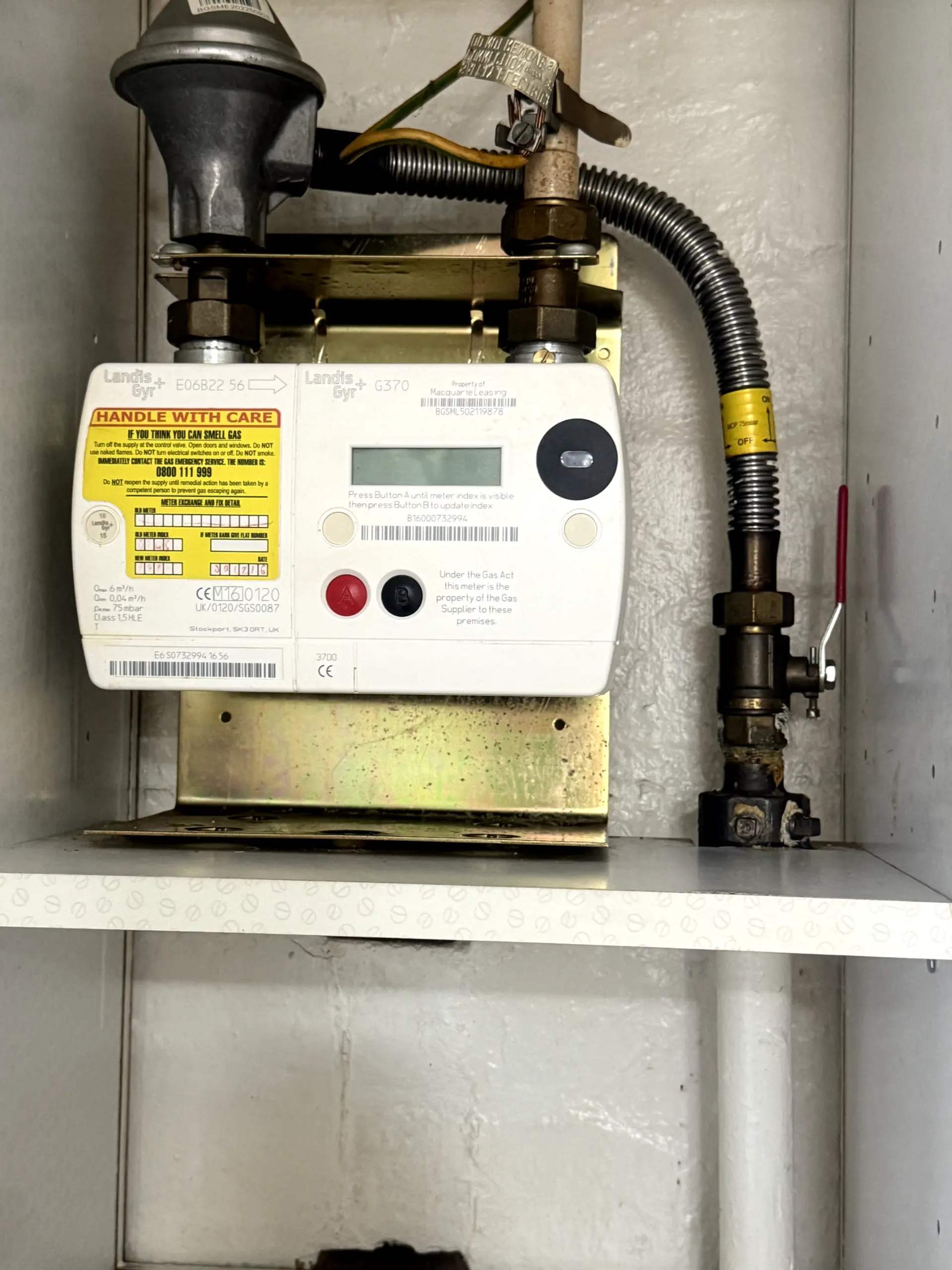 Close-up of a Landis+Gyr gas meter installation by Gas Safe registered engineers