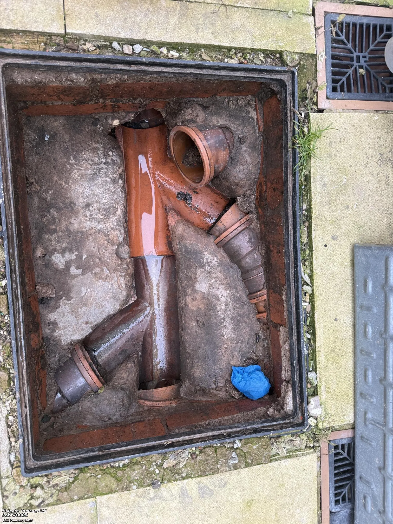 Clay drainage pipes inside an inspection chamber in Blackburn used for identifying rodent entry points during a drain survey.