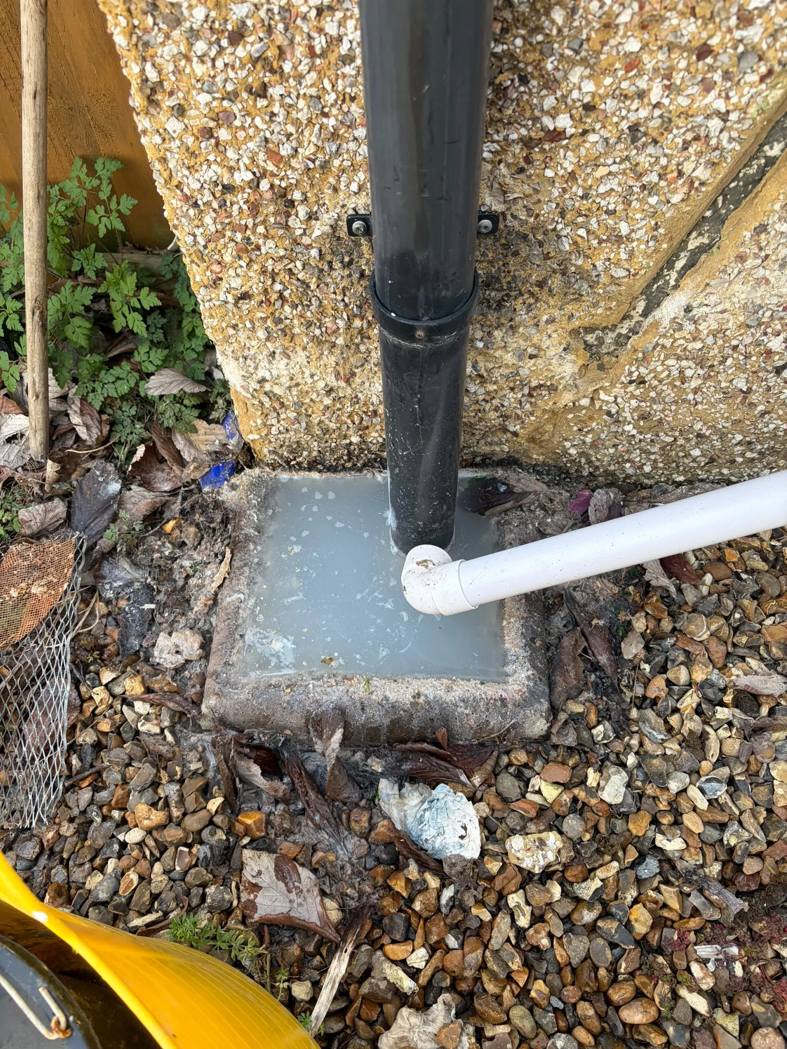 Blocked outdoor drain gully overflowing with water beneath a downpipe and waste pipe