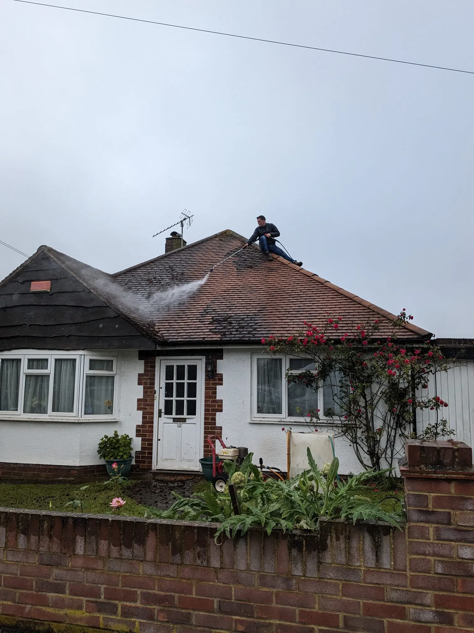 Roof moss removal and power washing on a tiled pitched roof