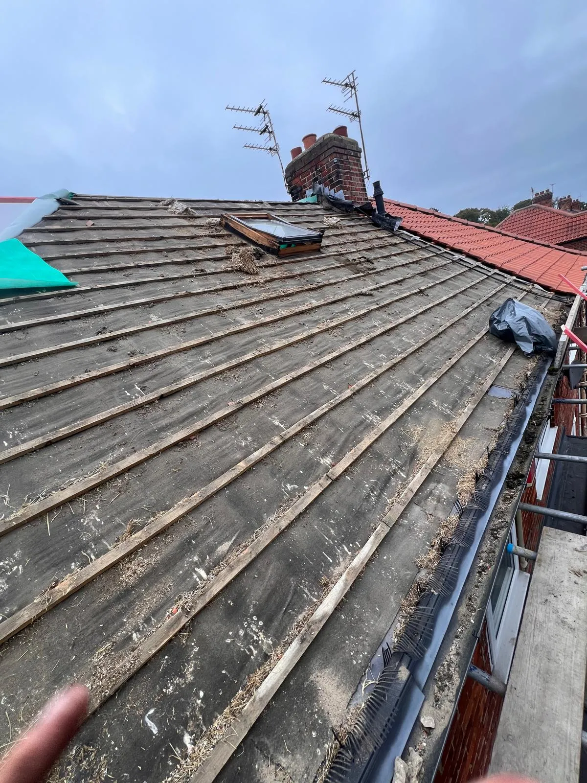 Roof underlay and battens exposed during a roof survey and repair project in York