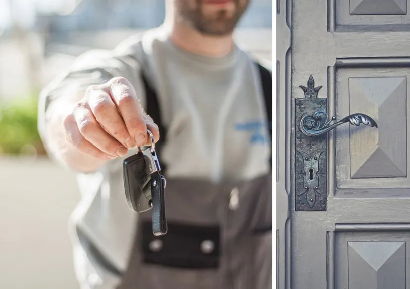Locksmith holding keys next to an ornate antique door handle and lock.