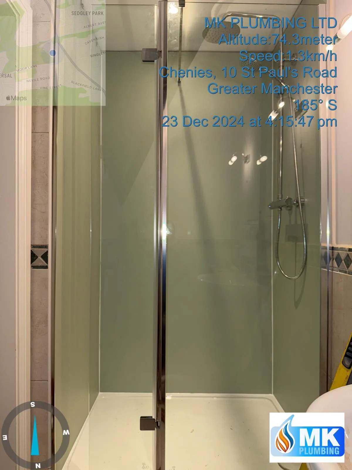 Professional glass shower cubicle installation with chrome fixtures by MK Plumbing LTD.
