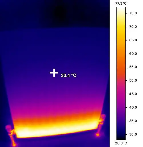 Thermal imaging camera scan of a radiator showing cold spots and poor heating efficiency.