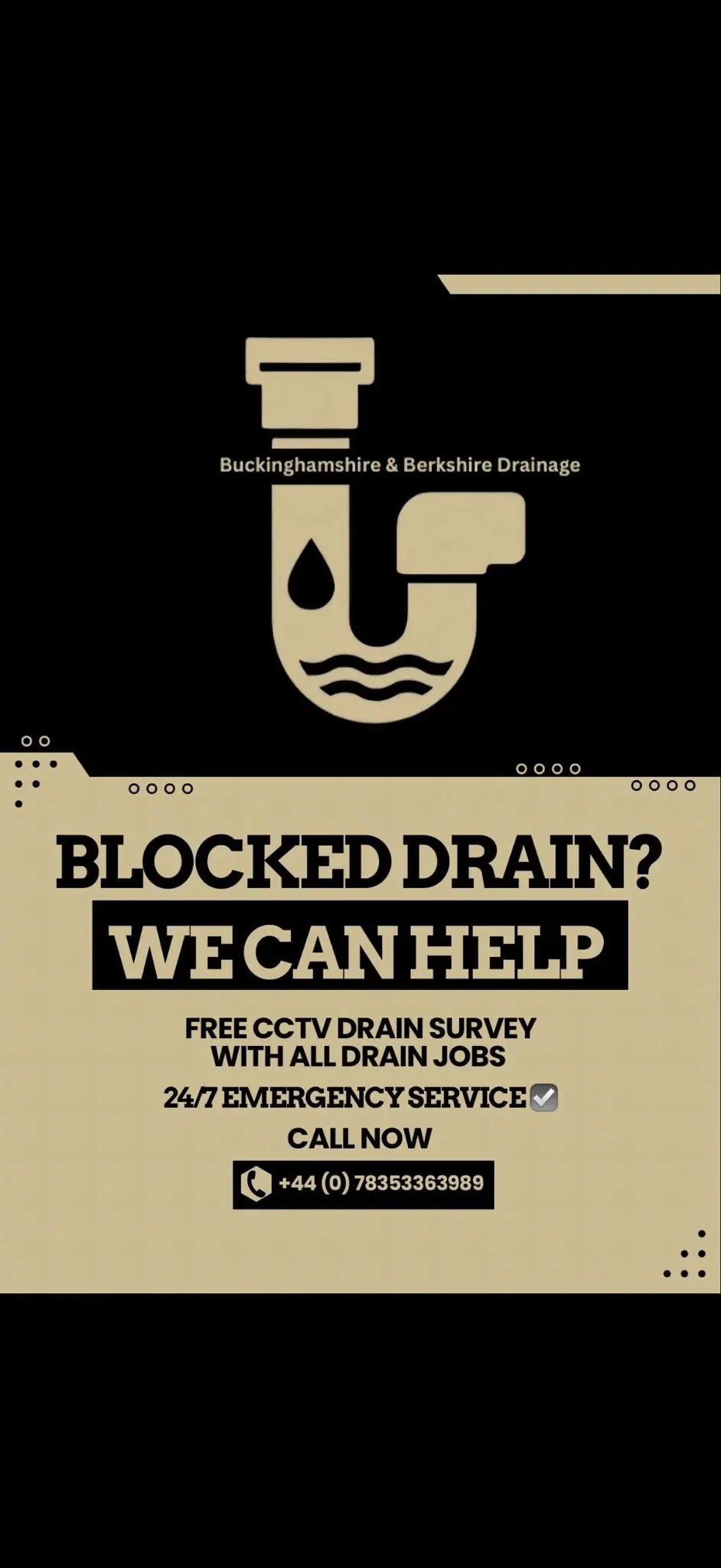 Promotional banner for Buckinghamshire & Berkshire Drainage advertising blocked drain unblocking and emergency services in Slough.