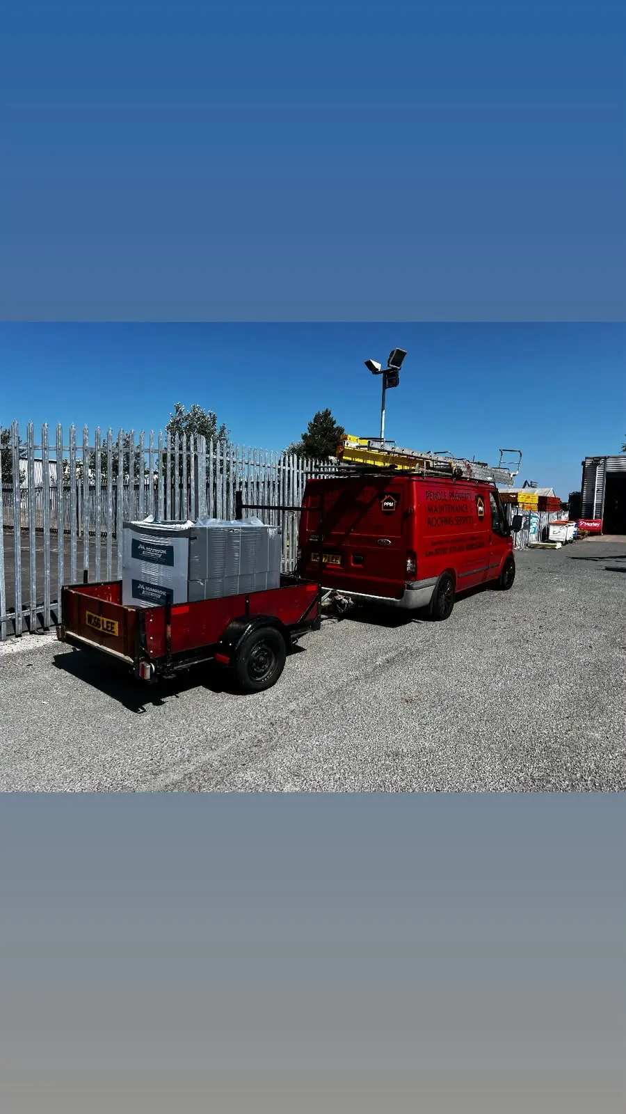 Red Pendle Property Maintenance van and trailer carrying roofing materials.