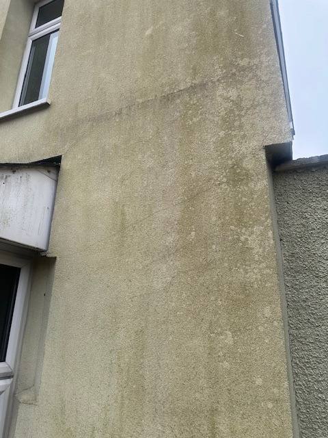 Exterior property wall with heavily stained and damp render showing green algae growth