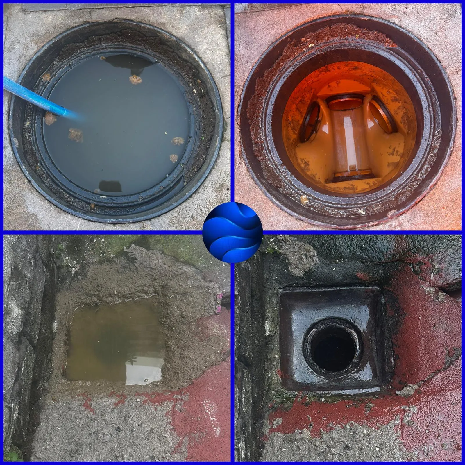 Before and after images of blocked drains, including an overflowing manhole with a jetting hose, a clean inspection chamber, and heavily silted and cleared surface water gullies.