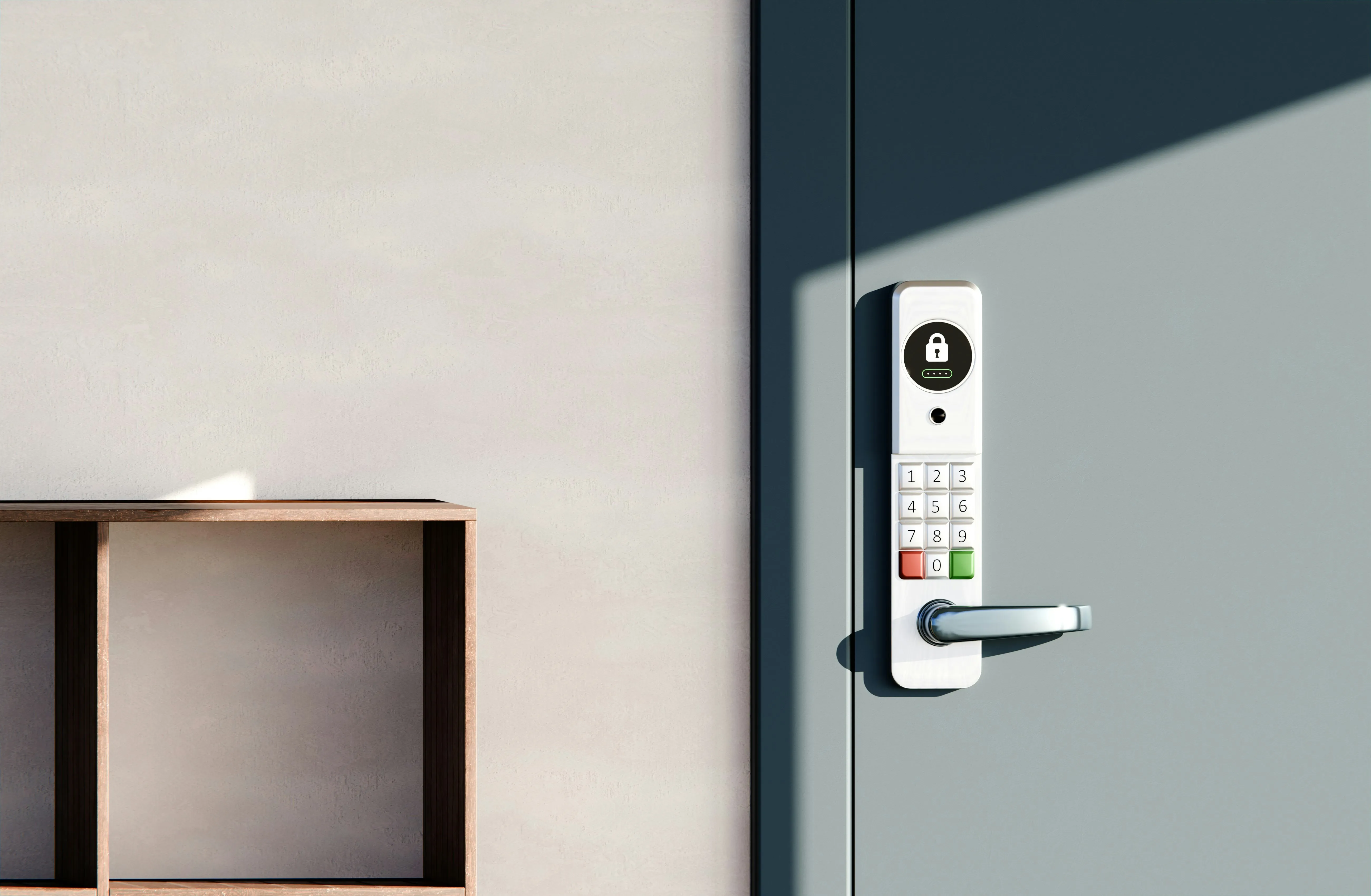A close-up of a smart lock with a keypad on a modern grey door.