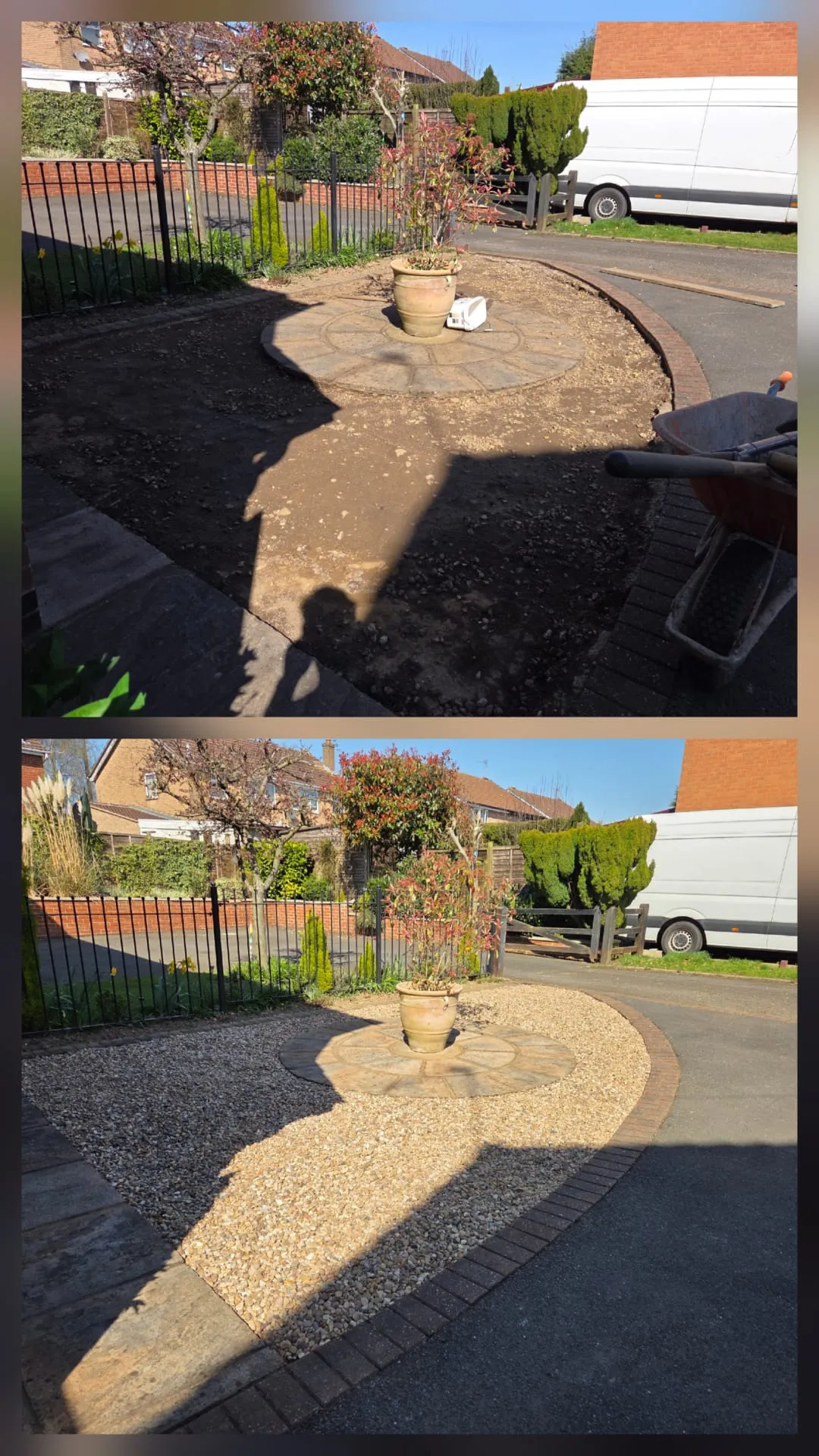 Before and after of a garden transformed into a new gravel driveway with a central paved circle and brick edging.