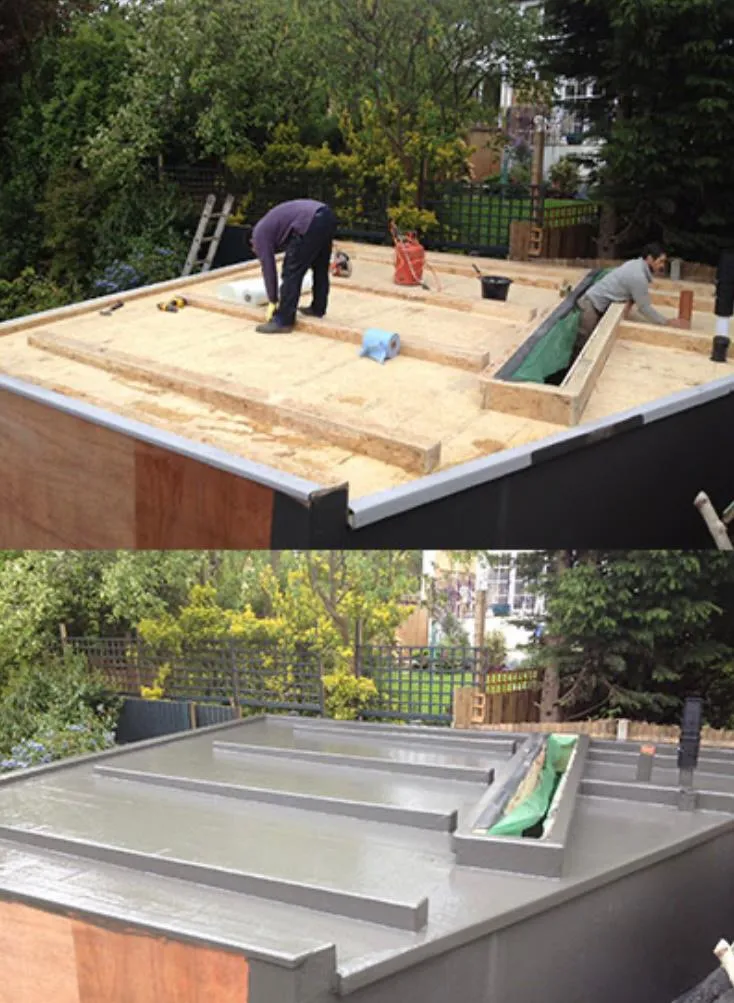 Before and after pictures of a completed GRP fibreglass flat roof installation, showing the wooden sub-deck and the smooth, grey finished roof.