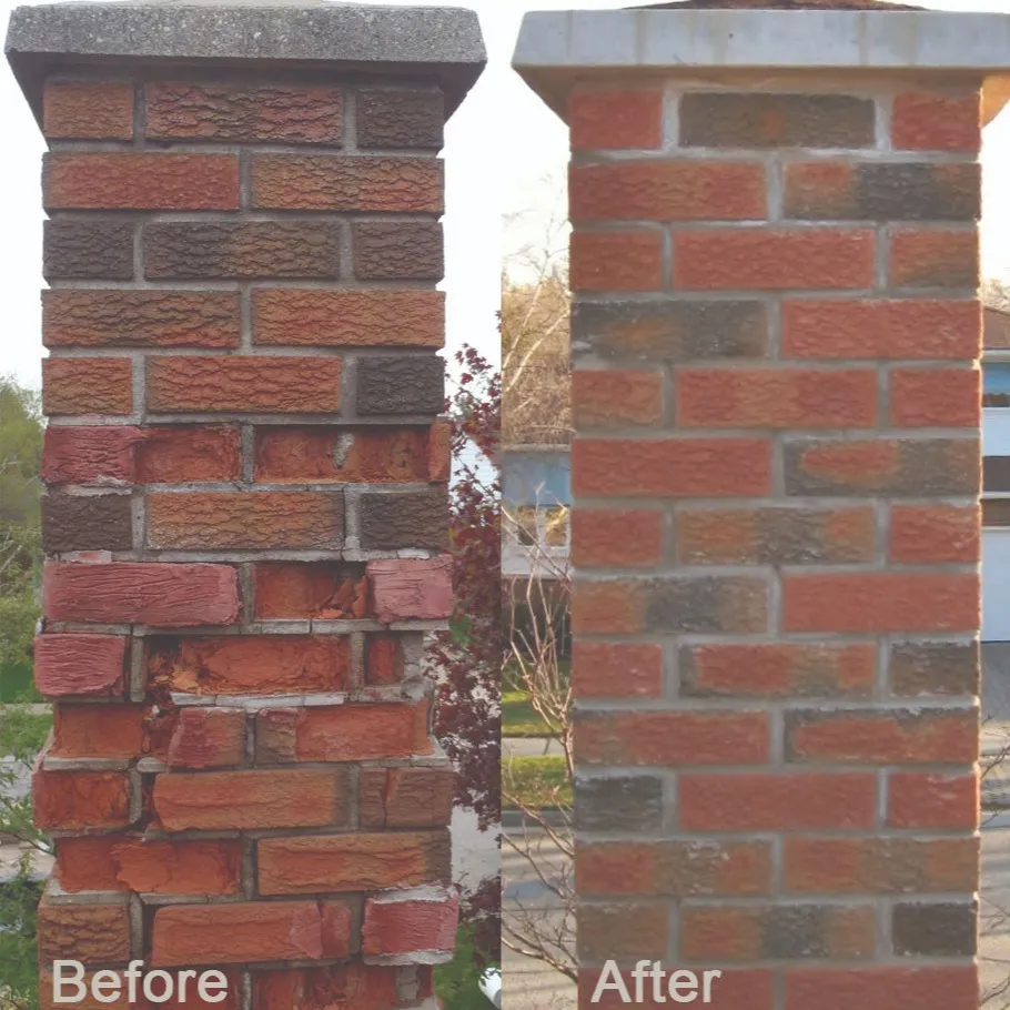 Before and after image showing a brick chimney or pillar: on the left, severely damaged bricks and crumbling mortar; on the right, the same structure fully repaired with new bricks and fresh repointing.