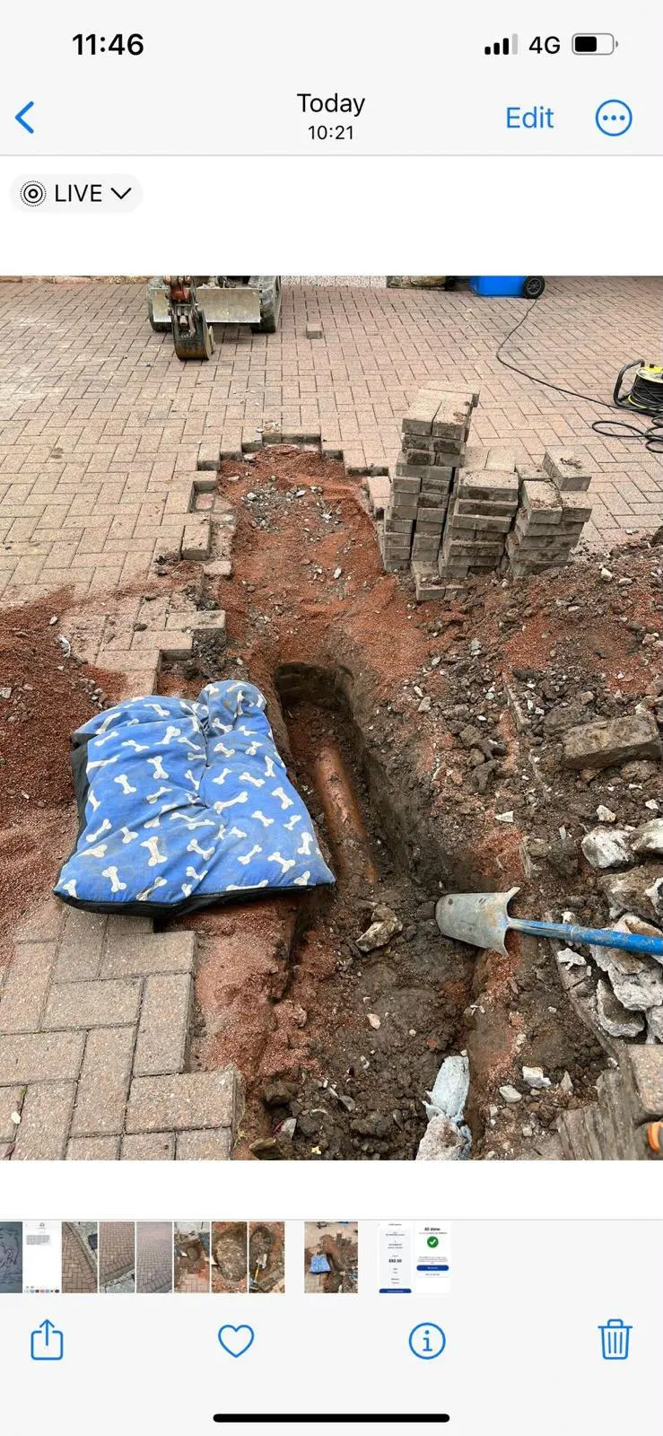 Drainage excavation and groundworks on a residential driveway, exposing an underground pipe for replacement or repair by CB Drainage.