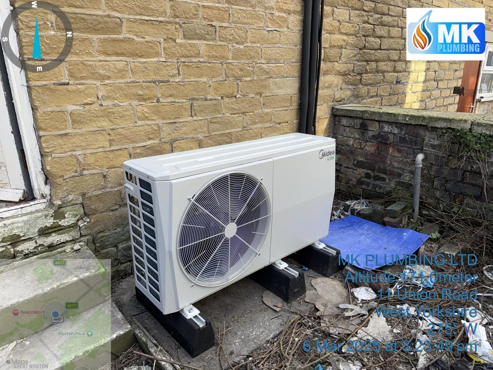 Midea air source heat pump installation by MK Plumbing LTD in West Yorkshire