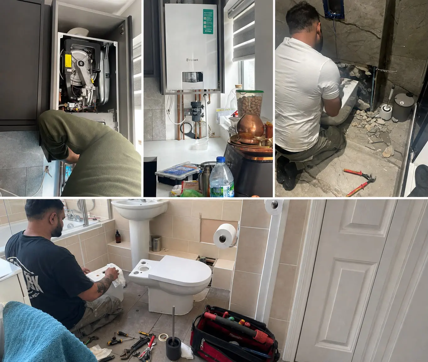 A plumber performing general plumbing tasks such as toilet repair and installation in a residential property