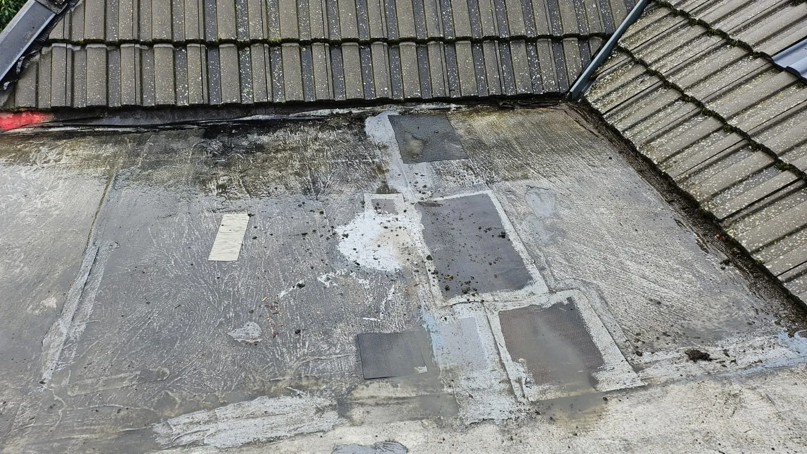 An old, worn, and heavily patched flat roof with standing water next to a grey tiled pitched roof, indicating damage and past repairs.