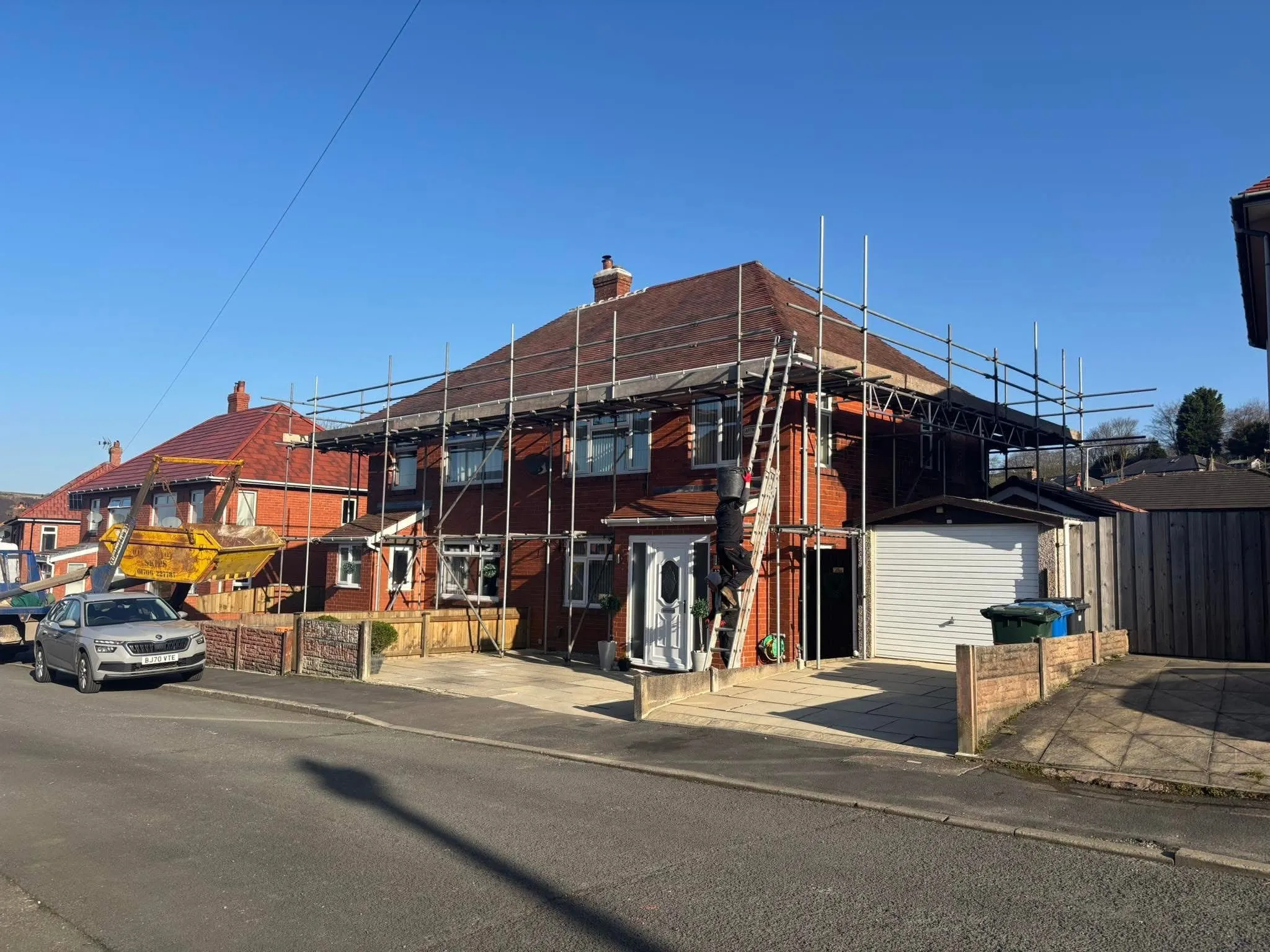 Professional scaffolding installed for a new roof project in Blackburn by Lancashire Roofing Specialist.