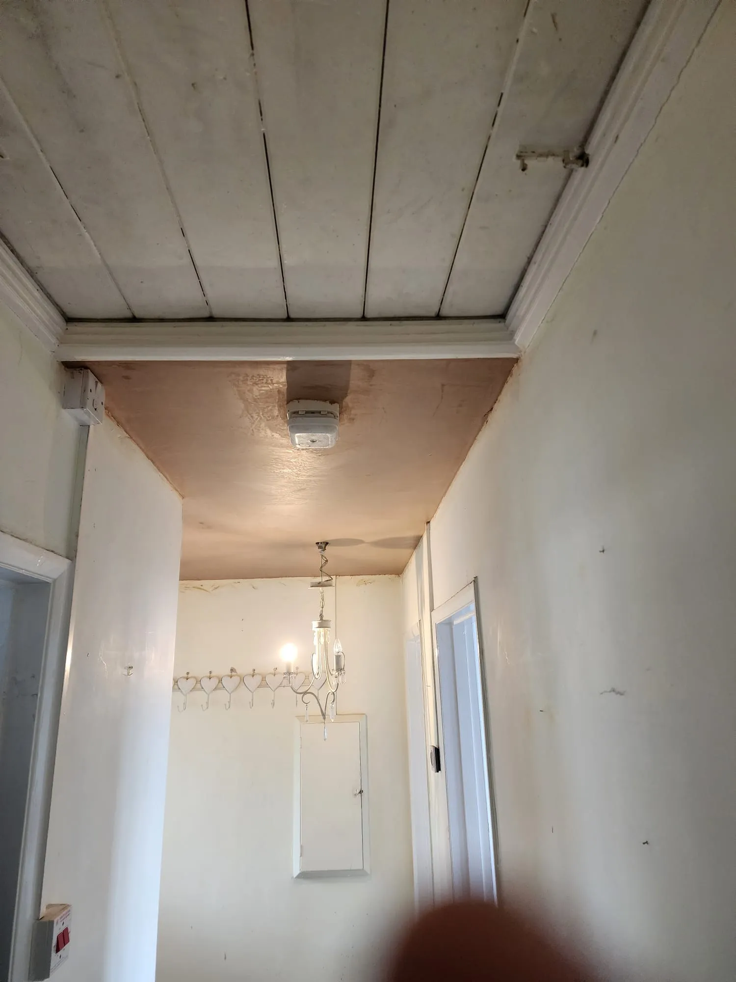 A freshly plastered ceiling section in a residential hallway showing a smooth skim coat.