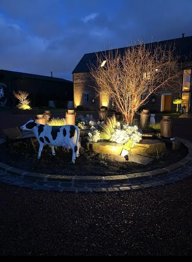 Professional external garden lighting installation illuminating a rural property and decorative garden feature at dusk