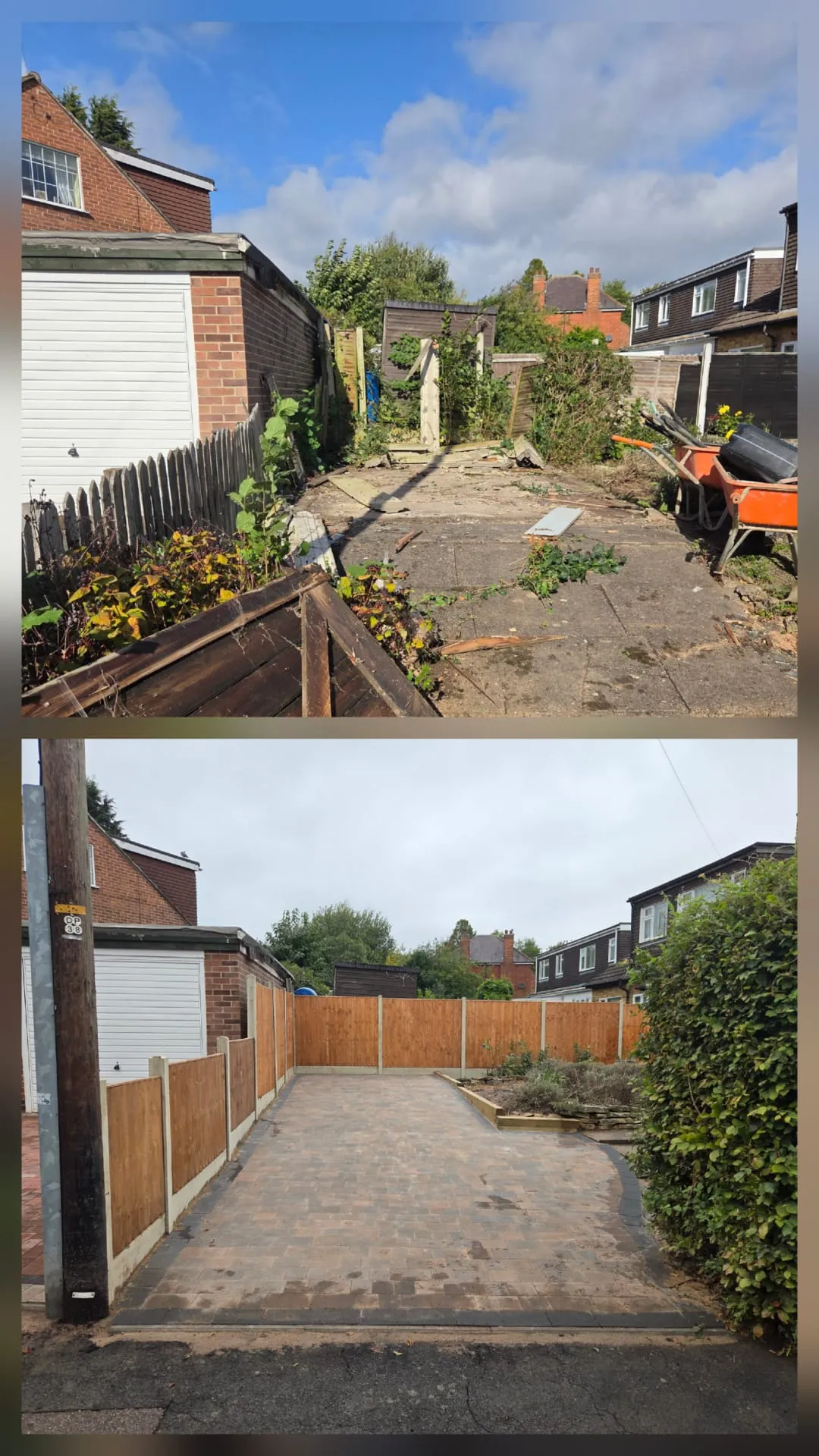 Before and after of a garden and driveway transformation, featuring new block paving, timber fencing, and landscaping.