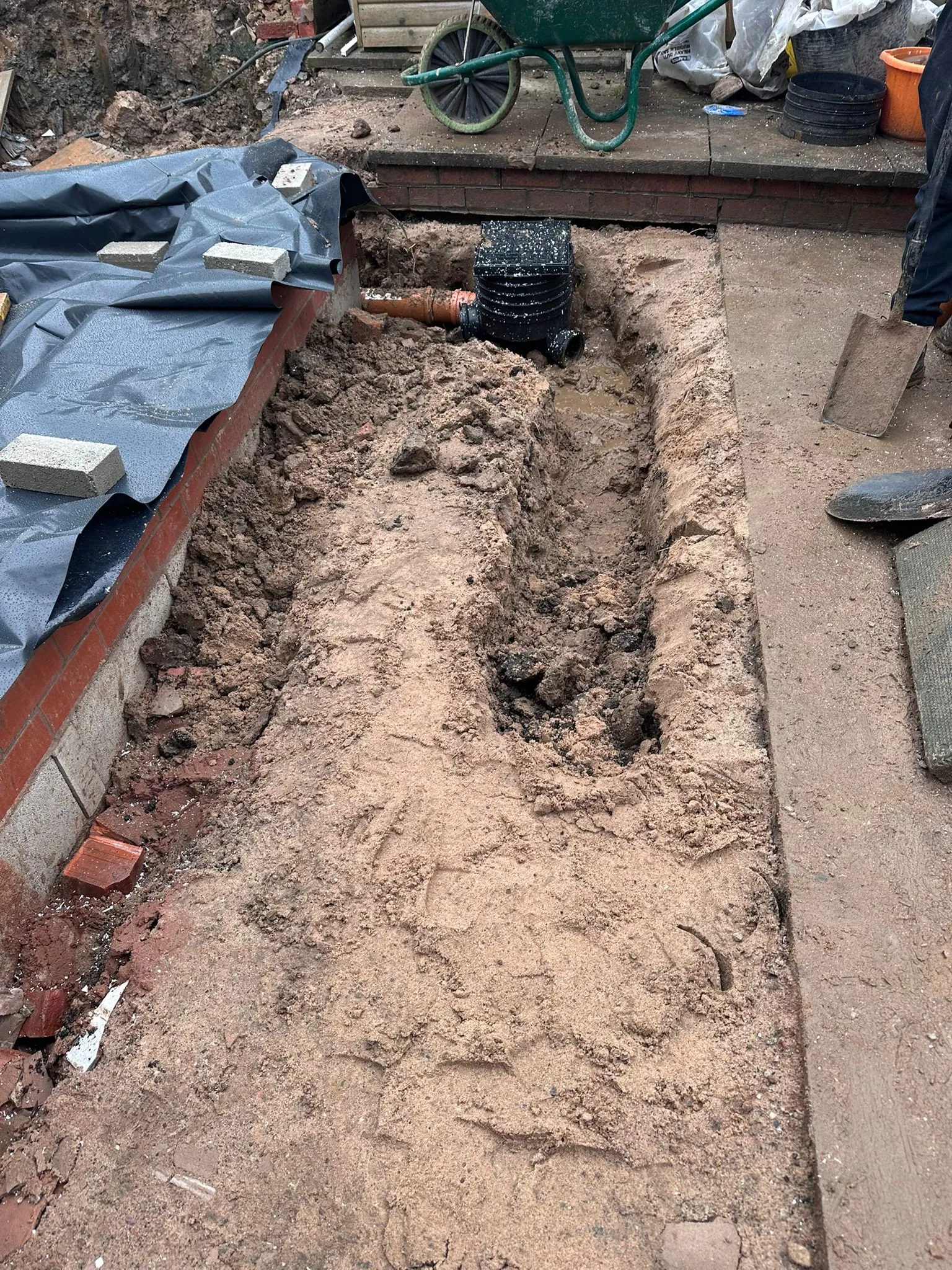 Drainage repair excavation with new pipework and inspection chamber in Macclesfield