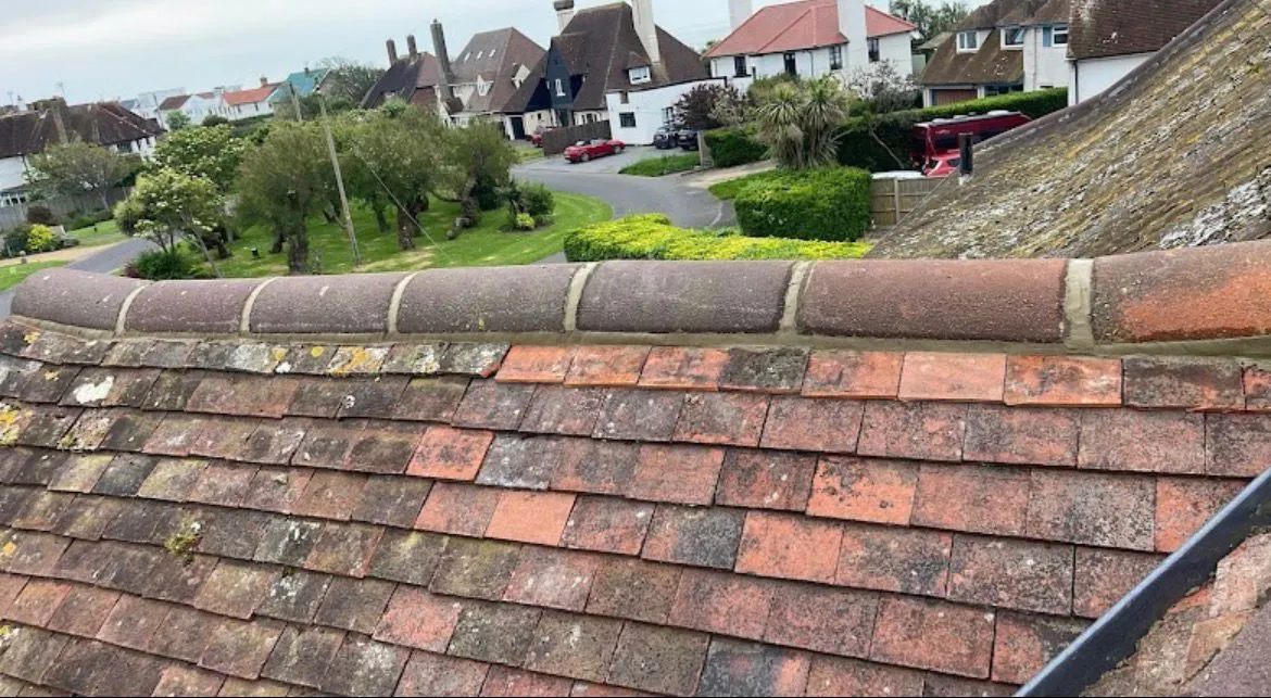 Newly bedded ridge tiles and repointed mortar on a clay tiled roof